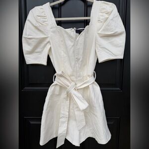 Jealous Tomato Cream Puff-Sleeve Tie-Waist White Denim Romper